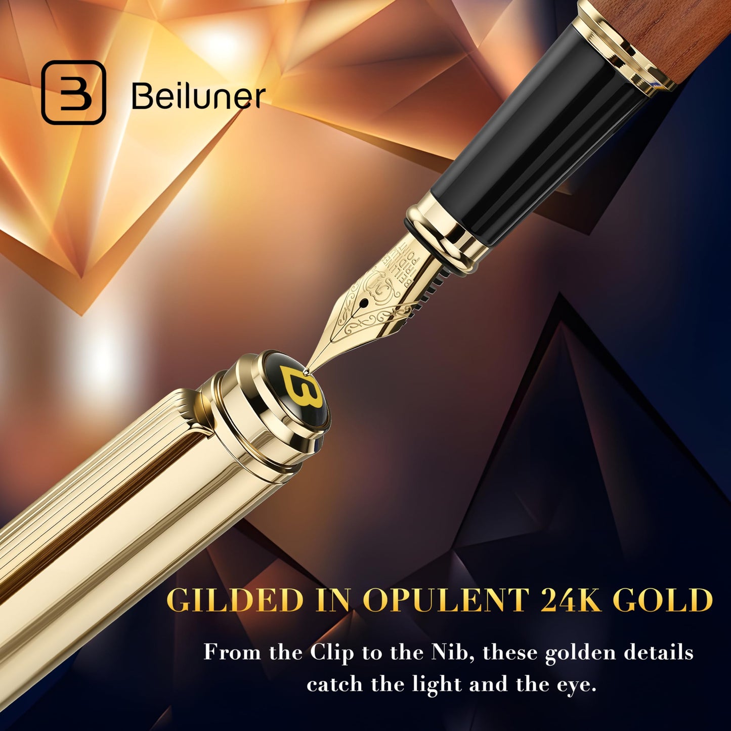 BEILUNER 316 Fountain Pen,Stunning Luxury Rosewood,24K Gilded Nib(Medium),Gorgeous 24K Gold Finish, Ink Converter,Best Gift for Men&Women-Fancy,Executive,Nice Pens for Writing, RD-M