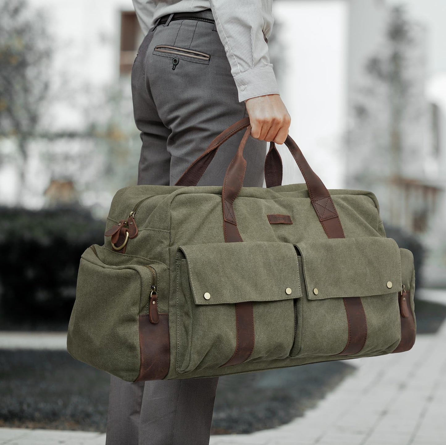 S-ZONE Large Canvas Travel Duffel Bag Weekend Overnight Bag Carry on Leather Trim Holdall Gym Bag with Multi-Pockets for Men and Women, Army Green