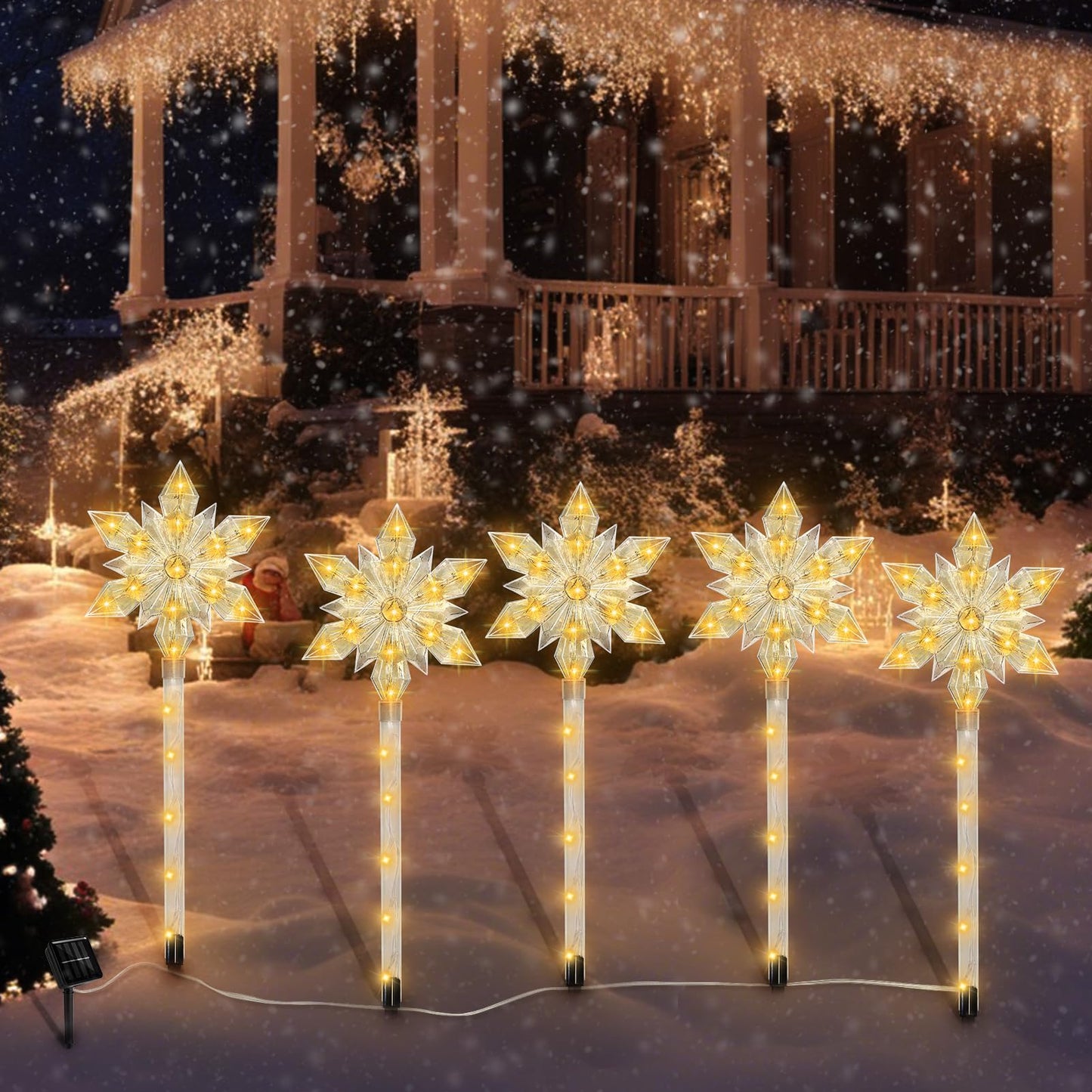VOGVOG Snowflake Solar Christmas Pathway Lights, Set of 5 LED Outdoor Stake Lights, Waterproof Christmas Decorations for Garden, Yard, Lawn, Walkway, Patio Decor (Warm, 5pcs)