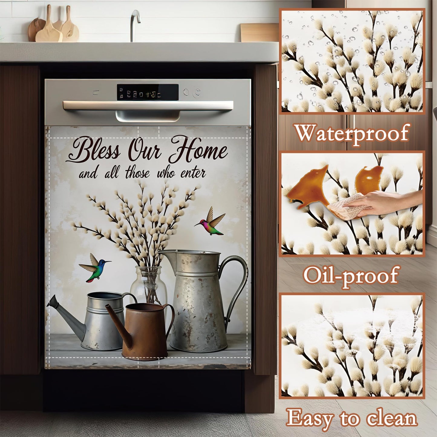 Bless Our Home Dishwasher Cover Panel Magnetic,Farmhouse Rustic Floral Dishwasher Magnet Decorative Cover for Refrigerator Kitchen Home Decor Reusable Waterproof 23x26 Inch
