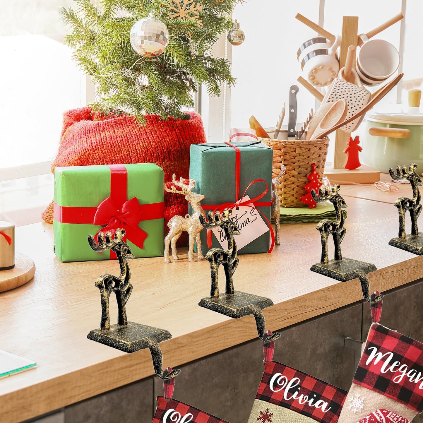 2 Pieces Reindeer Christmas Stocking Holder Christmas Hooks Skid Mantel Hooks Hanger for Fireplace Free Standing Christmas Decorations