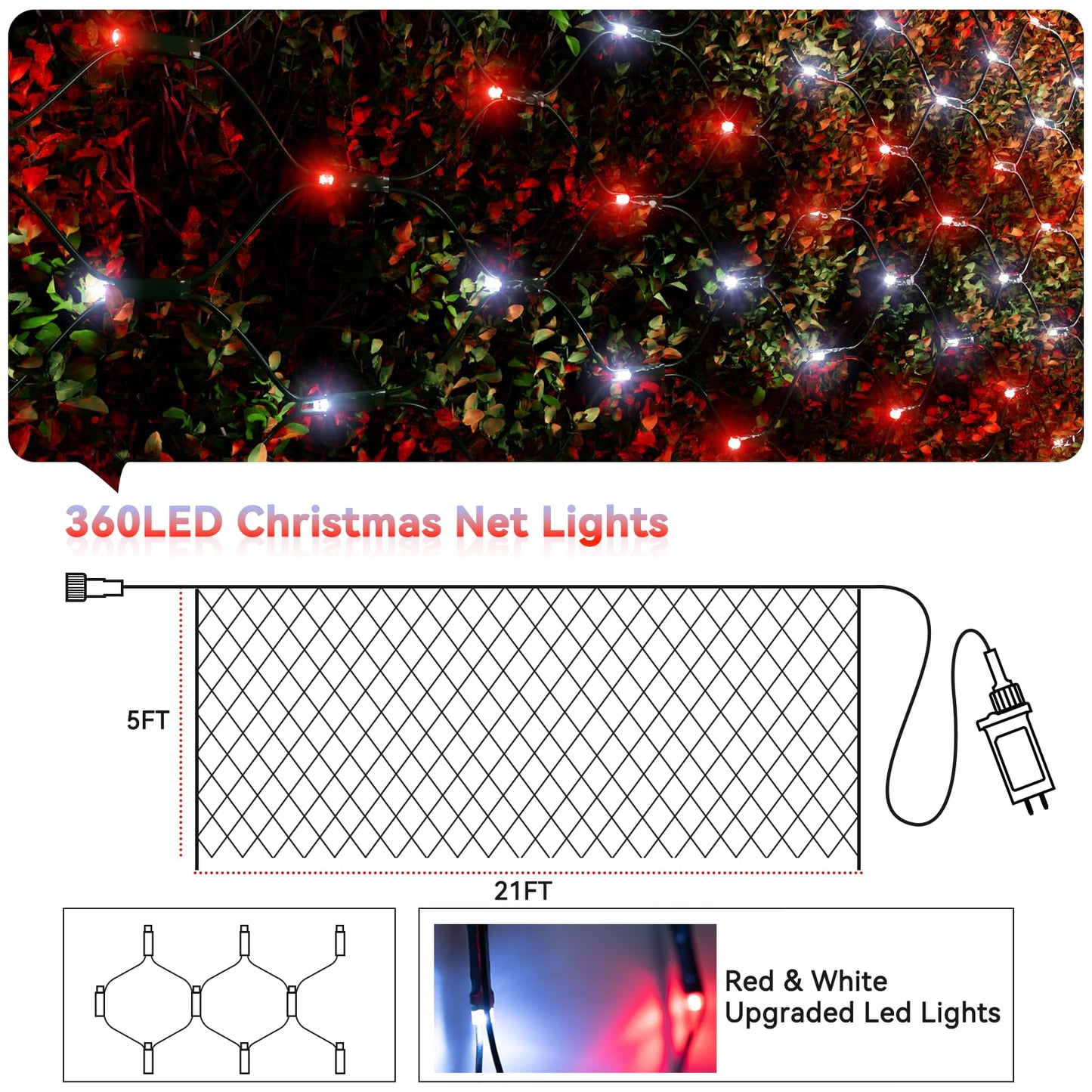 LitHome 21FT x 5FT Christmas Net Lights Outdoor, 360 LED Red White Bush Lights 8 Modes, Connectable Waterproof Valentines Net Mesh Light Dark Green Wire for Bushes Shrubs Holiday Valentine's Day Decor