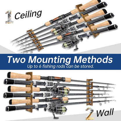 Fishing Rod Holders - Wall or Ceiling Mounted Rack for Up to 6 Fishing Poles | Garage Organization Solution