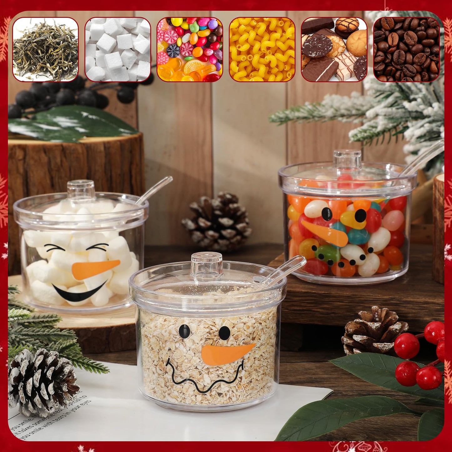 FYSUIMU 3Pcs Christmas Hot Cocoa Bar Supplies Clear Acrylic Sugar Bowl with Lid Spoon Cute Snowman Xmas Candy Jar 6.8 Oz Kitchen Storage Container for Home Coffee Bar Holiday Party