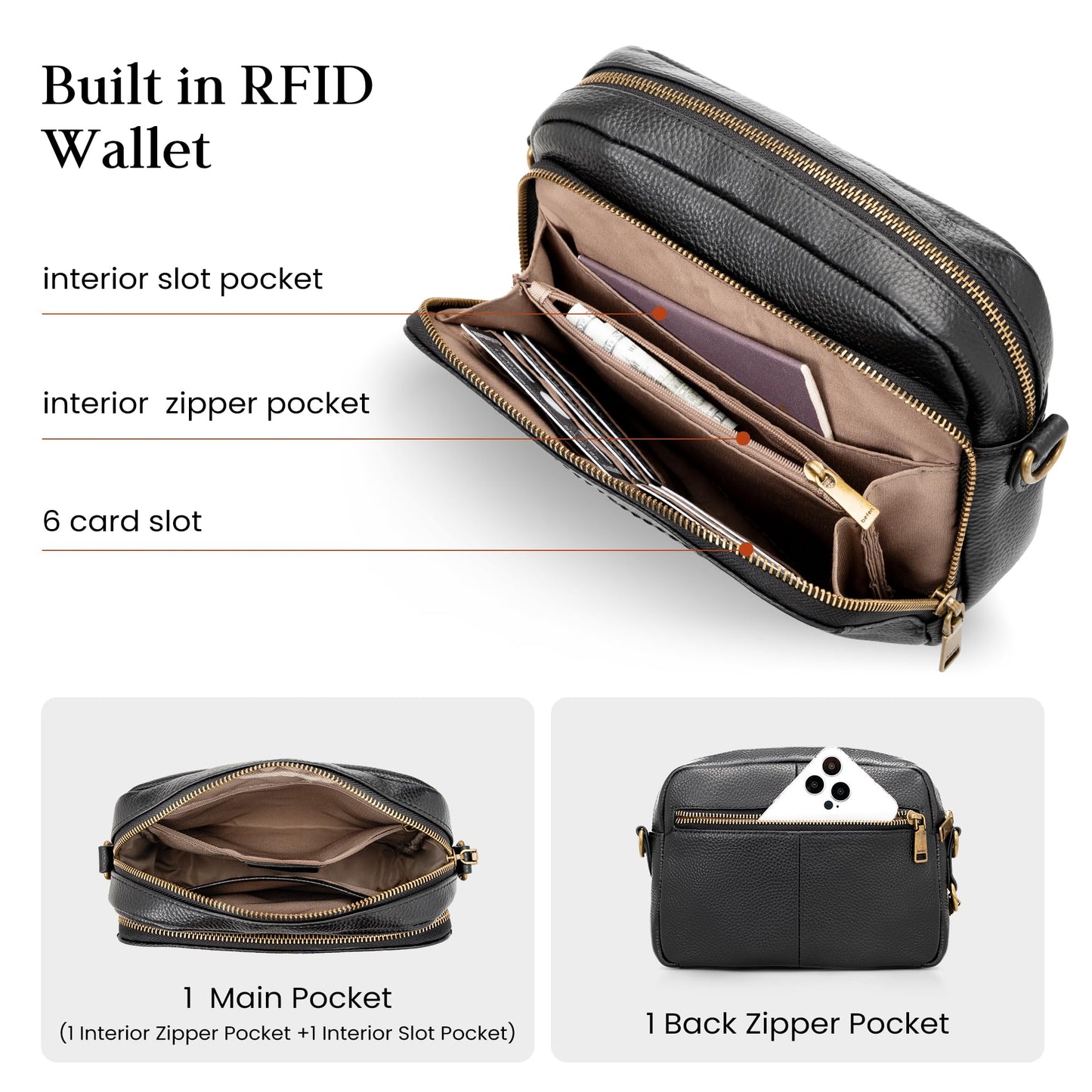 befen Black Leather Crossbody Purse for Women Trendy, Ladies Real Leather Rfid Bag with Adjustable Strap Built in Wallet Purses and Handbags,Structured Small Wallet Cross Body Summer Bags