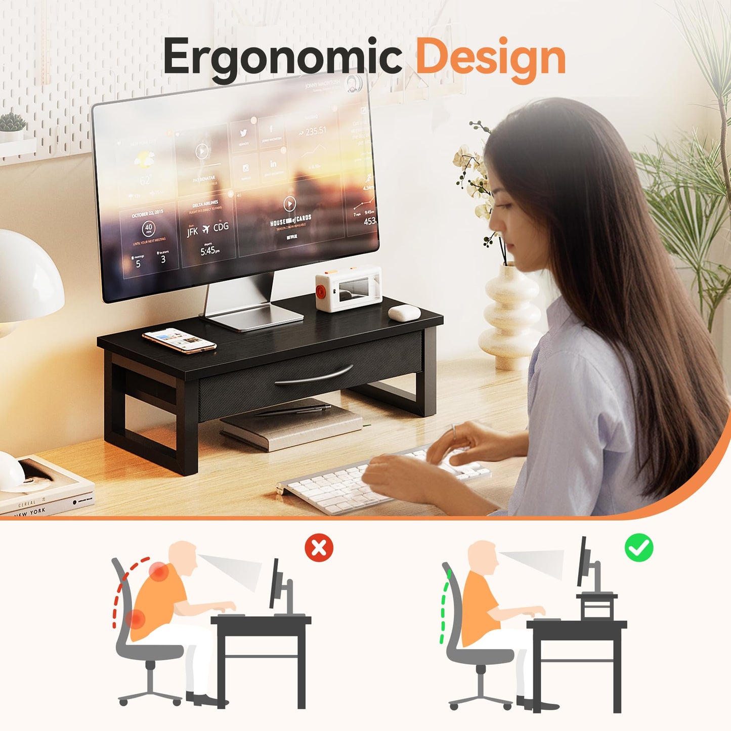 HEWORLIF Computer Monitor Stand Riser, Desk Organizers and Accessories with Drawer, 2-Tier Laptop Stand for Desk, Office Organizer Storage, Wood