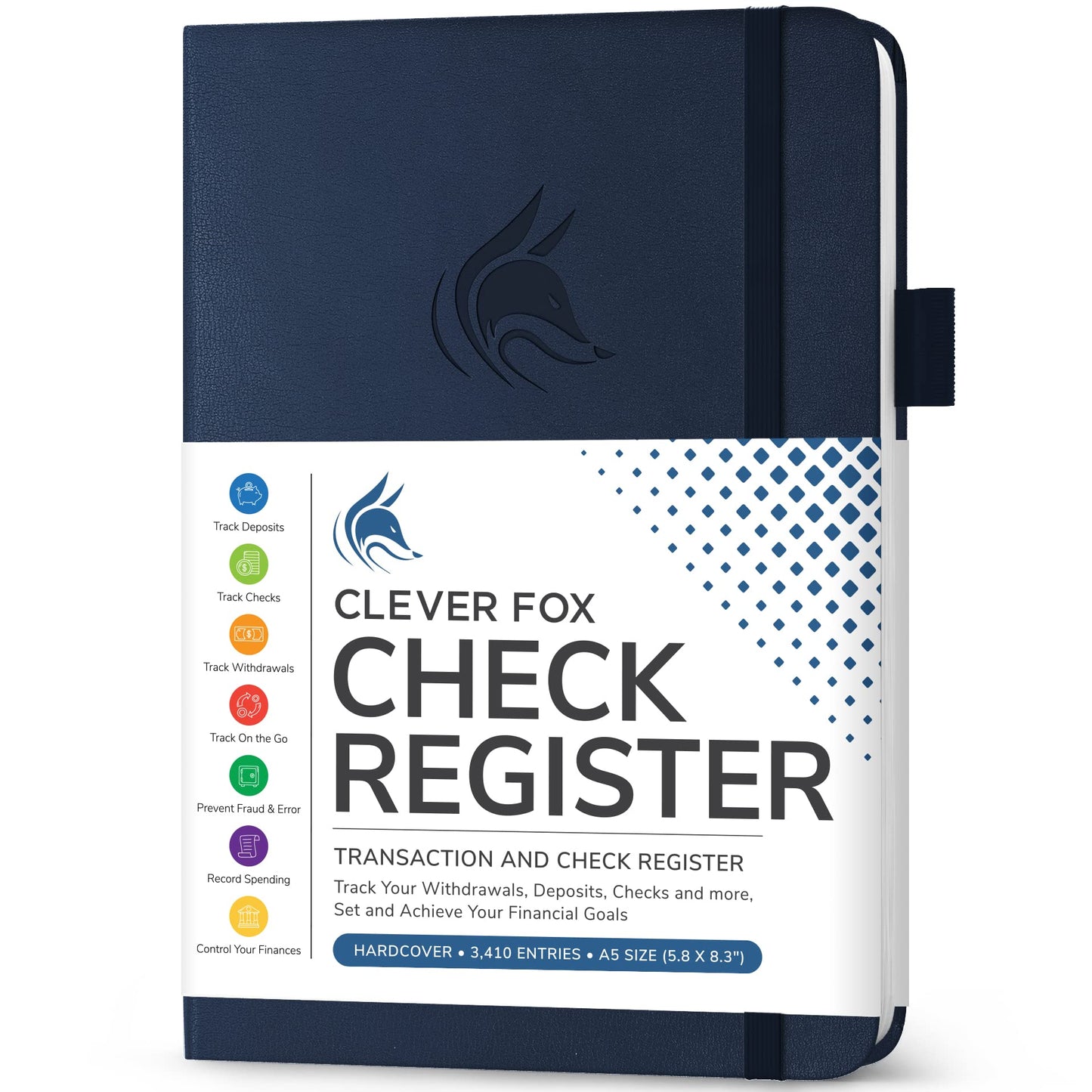 Clever Fox Check Register Book - Deluxe Transaction Register, Accounting Ledger Book, Checkbook Register & Checking Account Register Book for Personal and Work Use, A5 Hardcover - Dark Blue