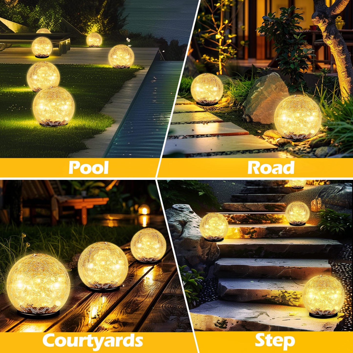 Coroor Garden Solar Ball Lights Outdoor Waterproof, 80 LED Cracked Glass Globe Solar Power Ground Lights for Path Yard Patio Lawn, Halloween Christmas Decoration Landscape Warm White(2 Pack 5.9'')