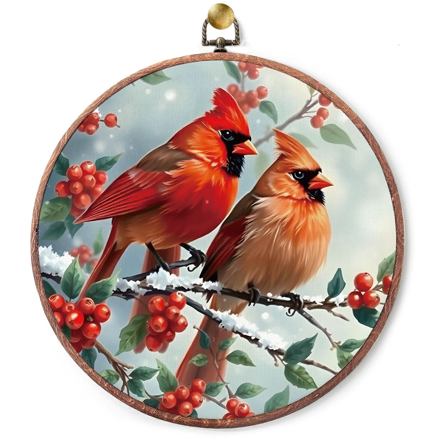 Round Winter Cardinals Framed Canvas Wall Art Decor, 10x10 Inches Christmas Canvas Wall Artwork, Christmas Embroidery Kit Decor for Home Office, Xmas Gift Ideas for Family Friends-A03