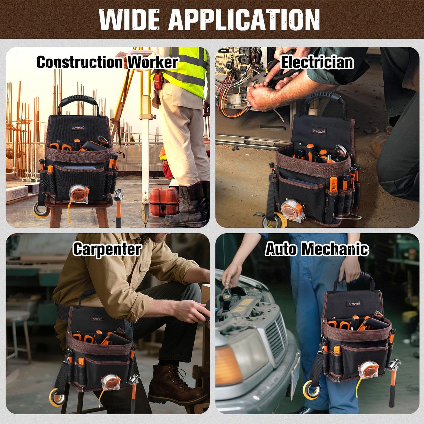 Electrician Tool Pouch, 10 Pockets Tool Belt Pouches with Hammer Holder, Adjustable Small Tool Pouch with Belt for Carpenter Construction Technician Plumber HVAC