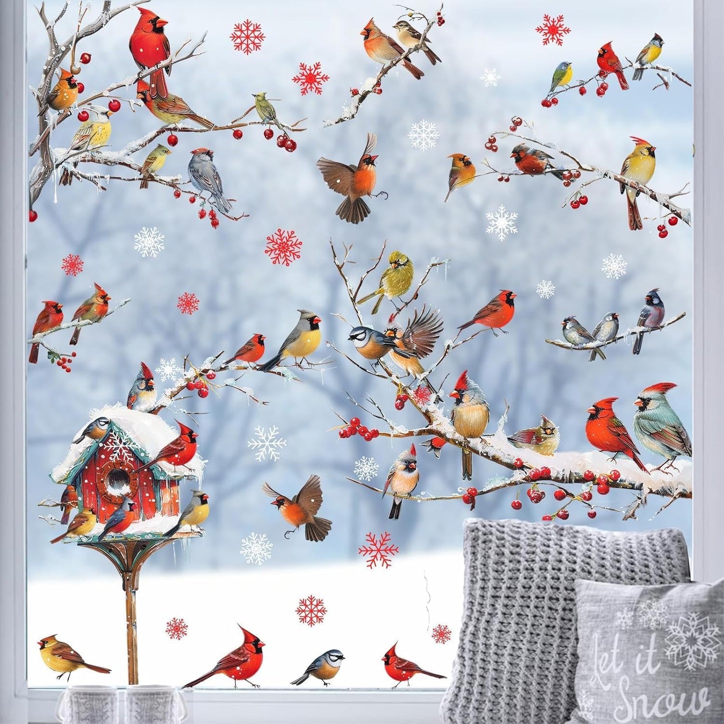 Winter Window Stickers Christmas Window Clings Double-Sided Xmas Sticker for Indoor Outdoor Decor Winter Birds Tree Branch Windows Decals for New Year Christmas Holiday Party Living Room Home Decor