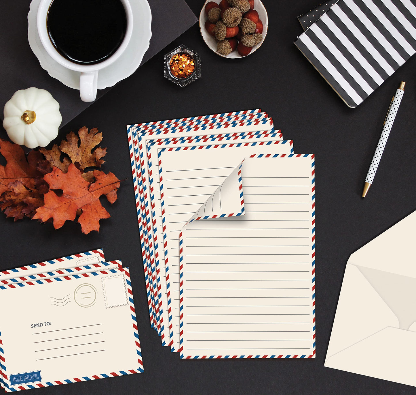 Better Office Products Vintage Airmail Mini Stationery Set, 100 Piece Set (50 Lined Sheets + 50 Matching Envelopes), 5.5 x 8.25 inch, Design, Double Sided Printing, Double Side Lined Paper,