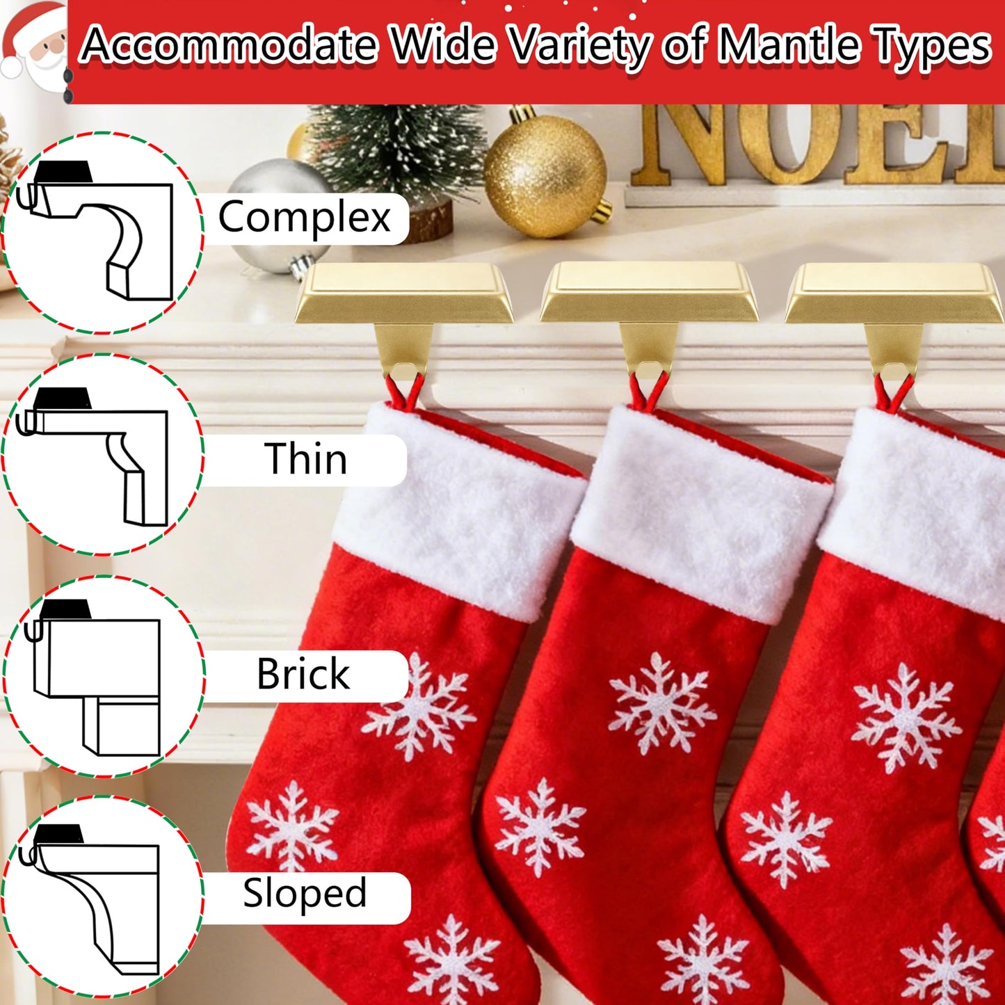 Komotu 4 Pcs Metal Christmas Stocking Holders for Mantle - Weighted Heavy Duty Stocking Hangers Hooks for Fireplace Table Window Xmas Holiday Decor (Gold)