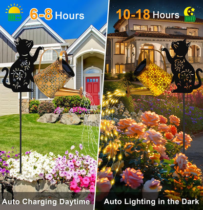 ostritec Solar Lights Outdoor Decorative, Watering Can with Cascading Lights, with Cat Silhouette Garden Stakes, Waterproof Metal Garden Decor for Yard Art, Outside, Patio, Lawn Ornaments