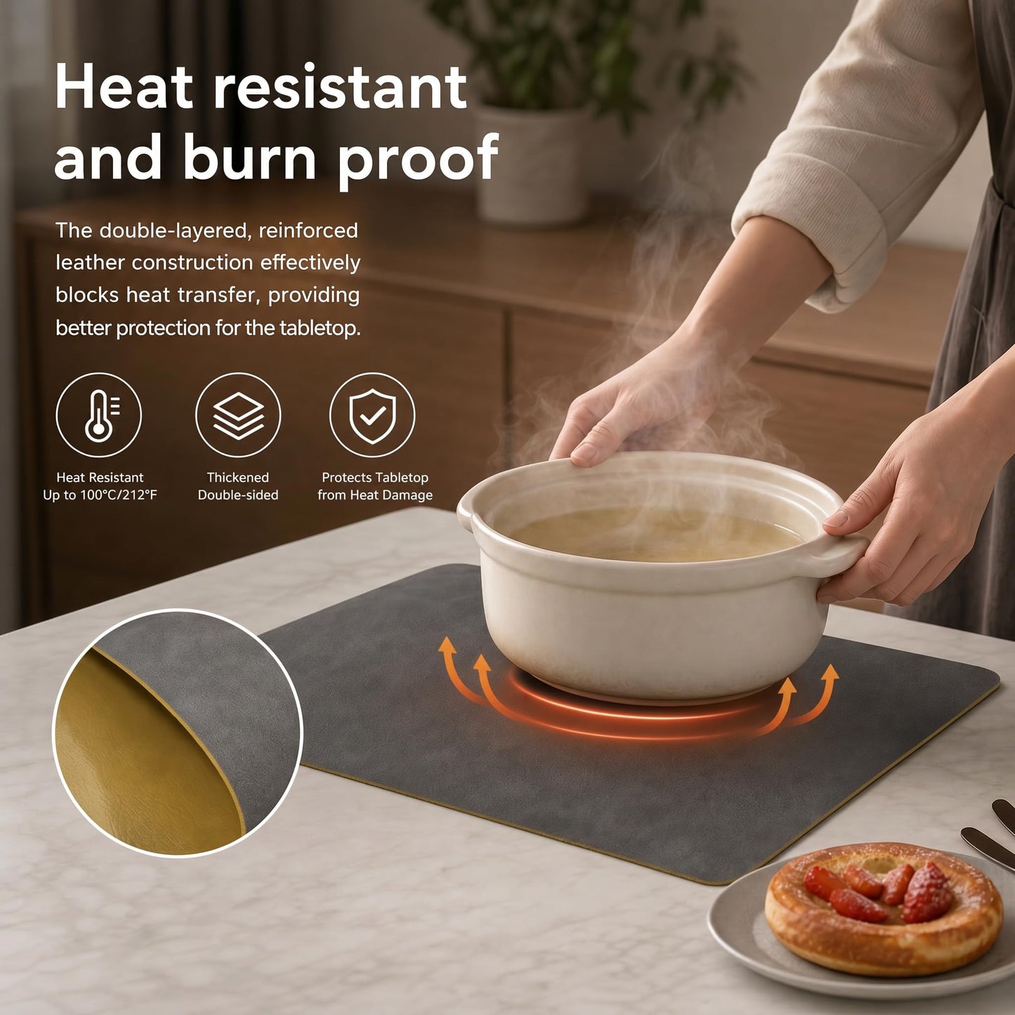 ZEUMIE Reversible PU Leather Placemats Set of 6, Double-Sided Waterproof Heat-Resistant Table Mats, Non-Slip Washable Dining Placemats for Kitchen, Restaurant, Party (Dark brown & yellow, 17.5"x11.8")