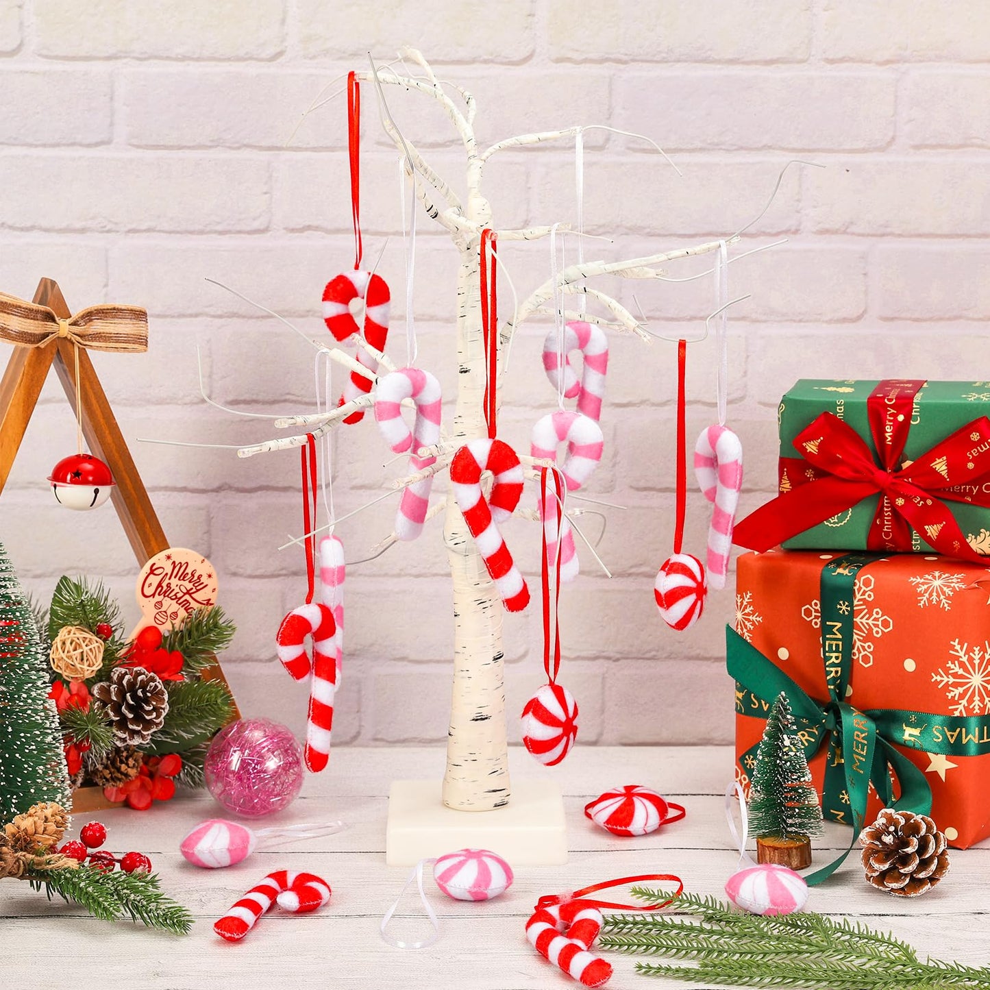 Whaline Christmas Felt Candy Canes Ornament Set Xmas Red Pink White Candy Hanging Decorations with String for DIY Garland Art Crafts Home Party Decor Supplies, 24 Pcs