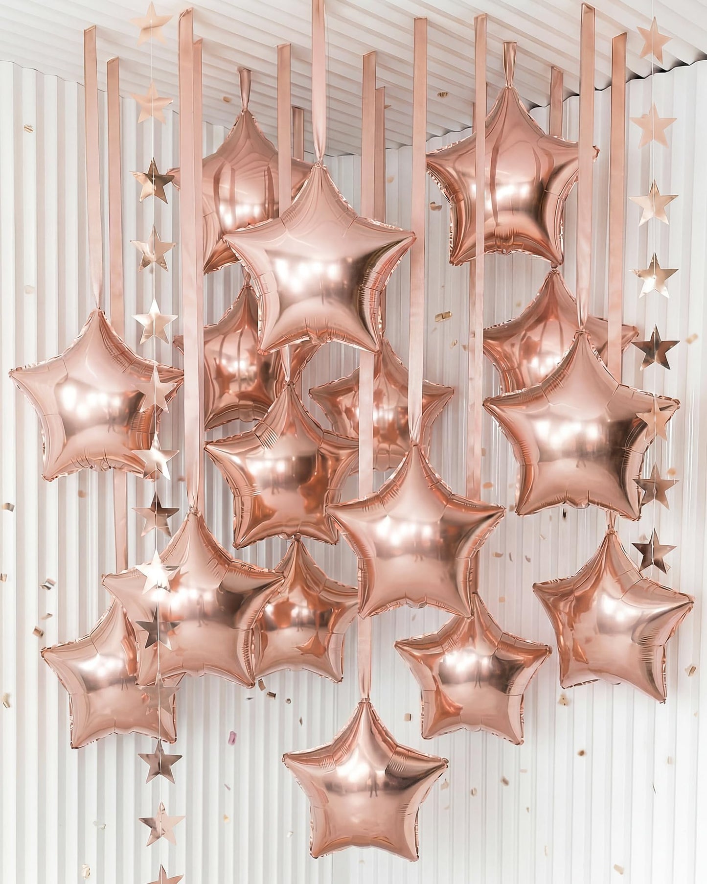 Duraaamo 30 Set Star Foil Balloons Bulk 22 Inch Metallic Star Balloons and Stars Banner and Satin Ribbon for Ceiling Birthday Ornaments Party Decor(Rose Gold)