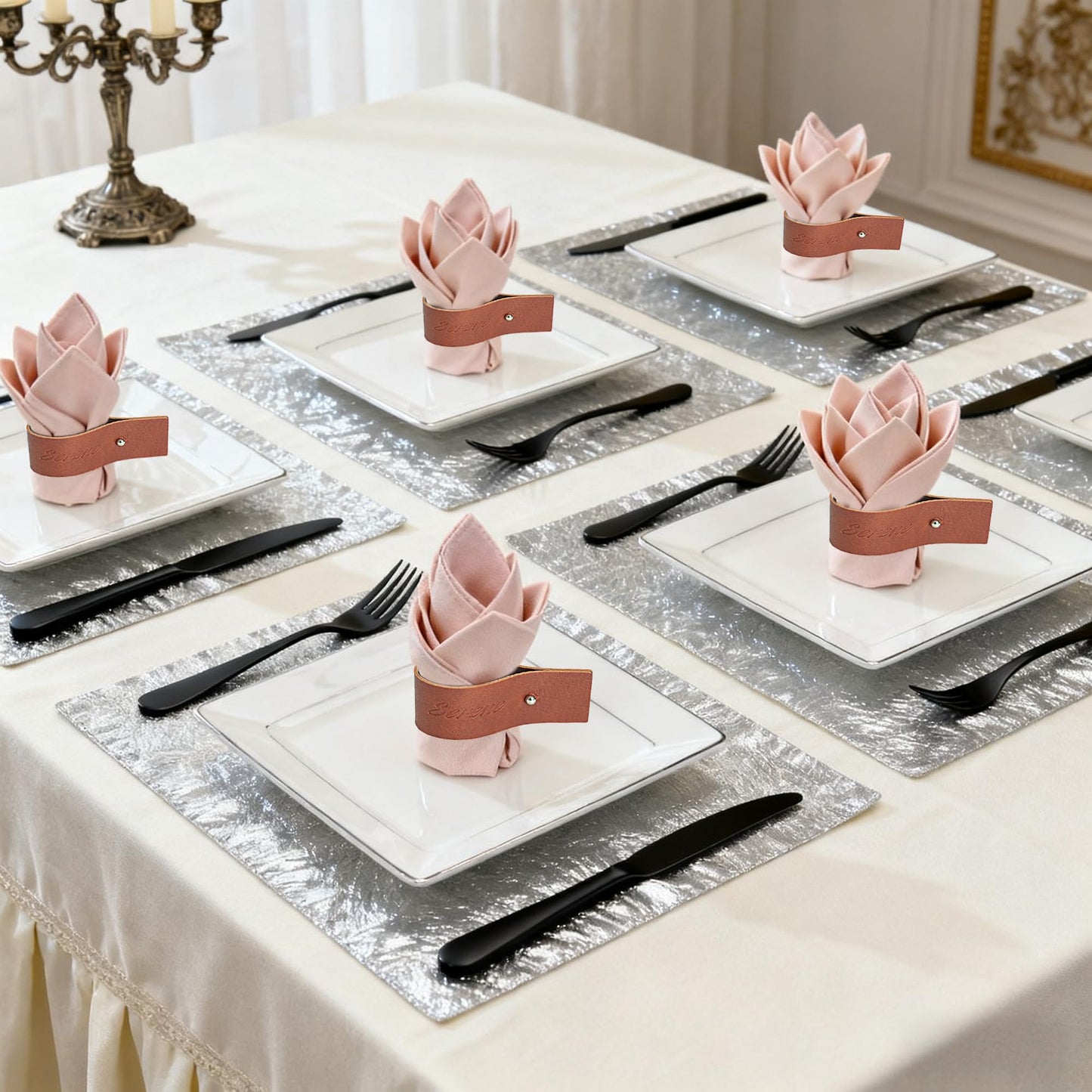 Reddish Brown Napkin Rings Set of 6 – Elegant Leather Napkin Ring Holders, Double-Sided Waterproof, Durable Table Decor for Easter, Weddings & Dinner Parties, Stylish Table Setting Accessories