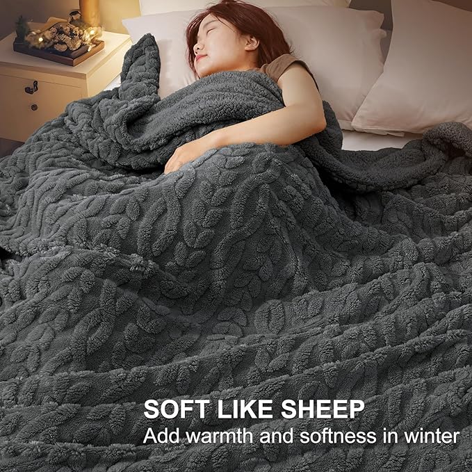 PHF Fluffy Sherpa Blanket King Size for Winter, Warm and Soft, 510GSM 3D Jacquard Thick Shaggy Fleece Plush Blanket for Sofa Bed, Dark Grey, 108"x90"