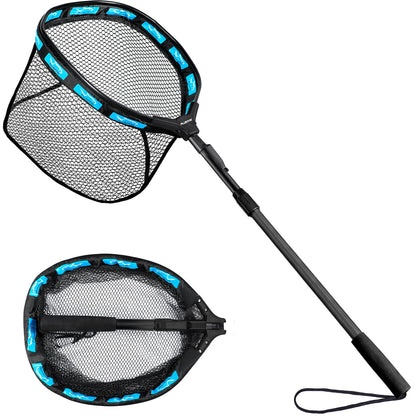 PLUSINNO Fishing Net Fish Floating Landing Net, Kayak Nets with Fixed Foldable Telescopic Pole Handle, Bass Trout Fishing Nets with Nylon Mesh for Pond Lake River, Fishing Gear Gifts for Men,Blue 1.5M