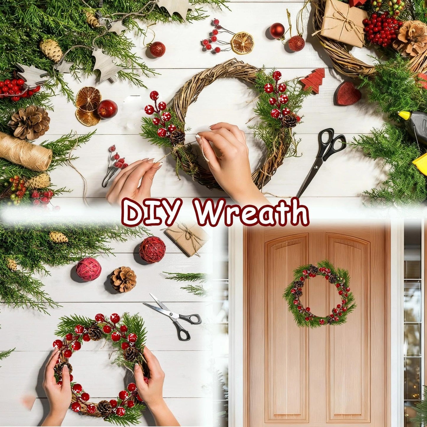 Tebiefat 20 Pcs Artificial Pine Cone Snowflake Red Berry Picks Stems, 7.1" Fake Frosted Holly Berries Needles Branches with Pinecones Christmas Sprays Floral Leaves Xmas Tree DIY Holiday Party Decor
