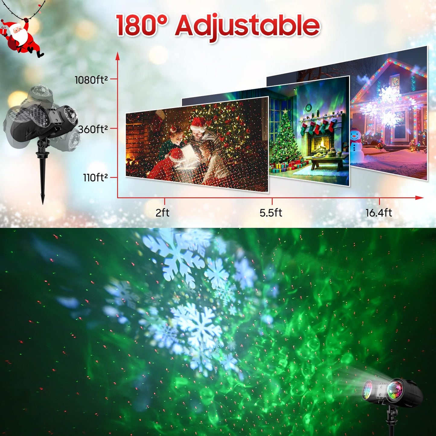3-in-1 Christmas Projector Lights Outdoor, Holiday Light Projector with Snowfall Storm, Ocean Wave & Red Green Laser Effects, Dual Lens IP65 Waterproof Decorations w/Remote, Timer & Adjustable Speed