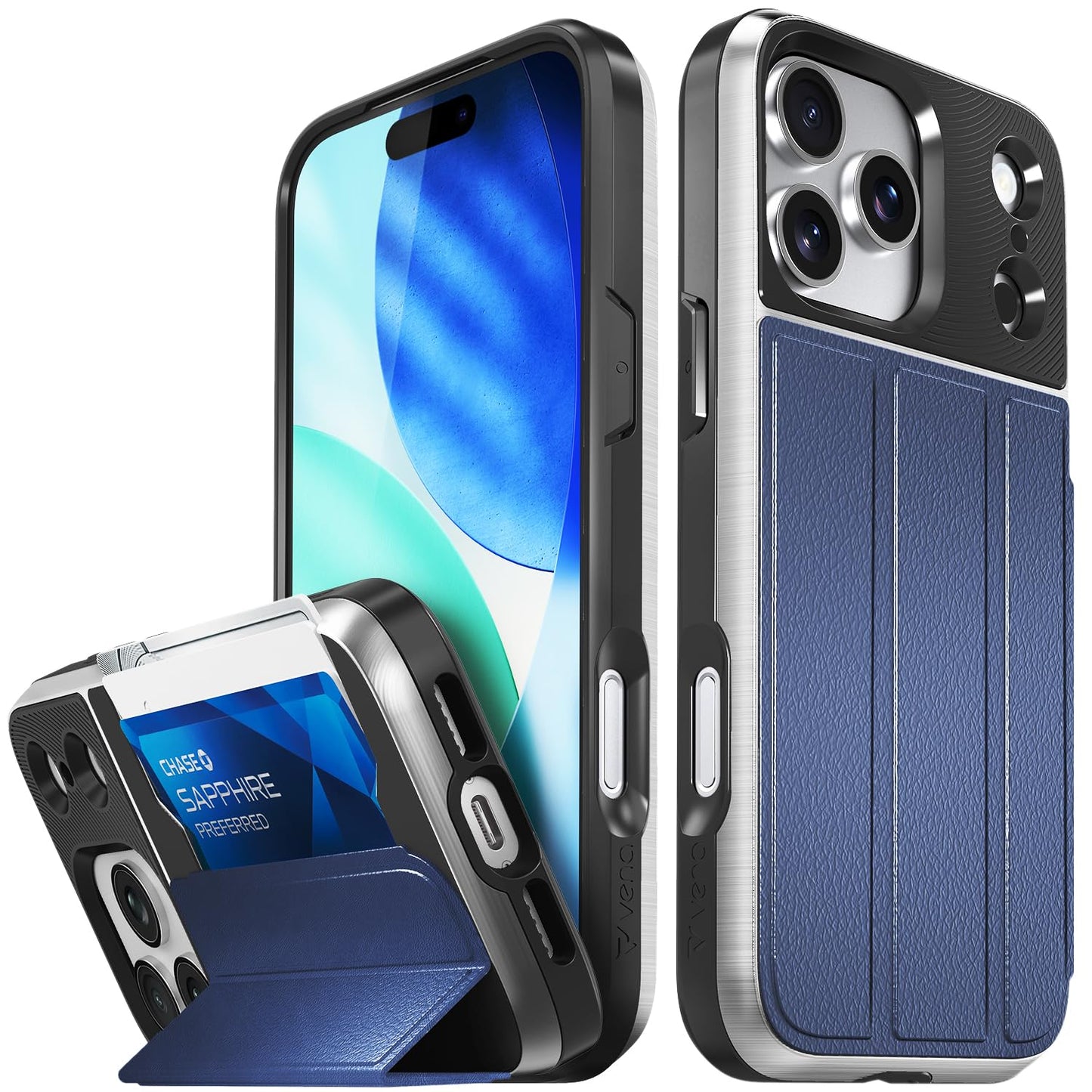 VENA vCommute for iPhone 17 Pro Max Wallet Case, [Military Grade Drop Protection] Flip Leather Cover Slot Card Holder with Kickstand - Blue