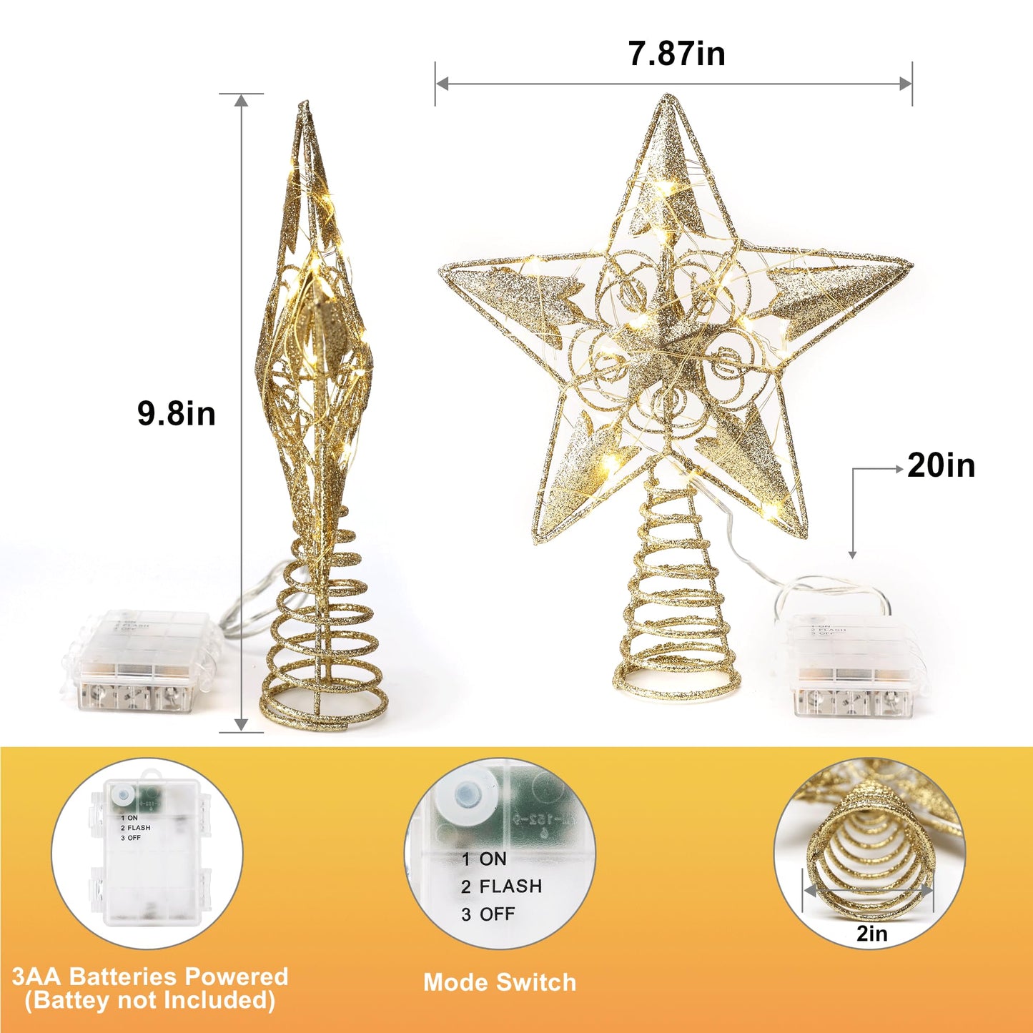 Brizled Gold Christmas Tree Topper Lights, 8" Hollow-Out Star Tree Topper with 20 LED Warm White Lights, Battery Powered Xmas Tree Topper 5 Point Star Treetop for Christmas Tree Home Party Decor