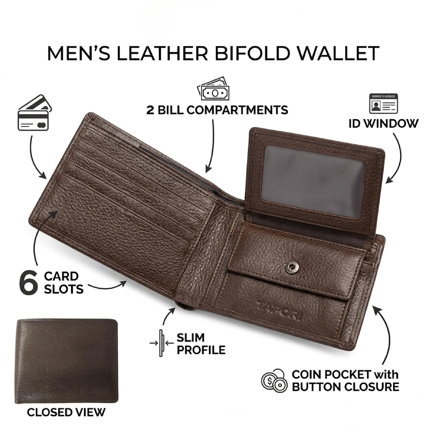 TAPORI Men's Genuine Leather Bifold Wallet Slim RFID Blocking Wallet with Coin Pocket, 6 Card Slots, ID Window, 2 Bill Compartments & Button Closure Durable Everyday Wallet for Men (Tan)