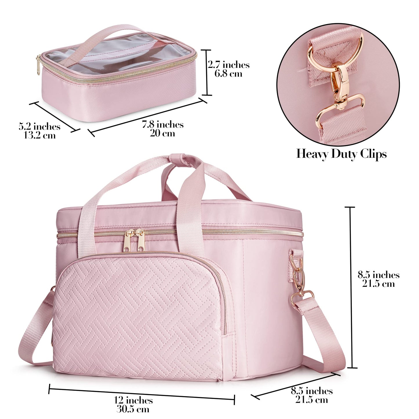 Prokva Travel Makeup Bag with 2 Pouches and Adjustable Dividers, Large Cosmetic Case Make up Organizer for Women Fits Bottles Vertically, Pink (Patented Design)