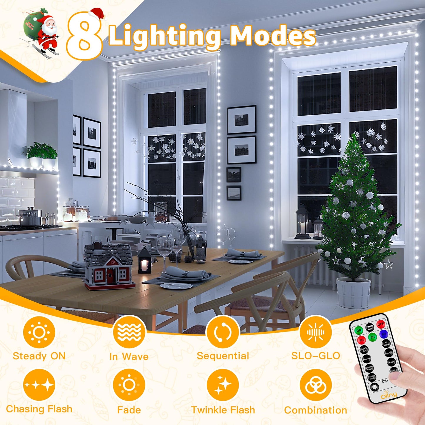 Ollny Christmas Lights Cool White, 600LED 197FT Christmas Tree Lights IP67 Waterproof, Plug in Fairy Lights with Remote 8 Modes Timer, Xmas Light for Outdoor Indoor House Holiday Decor