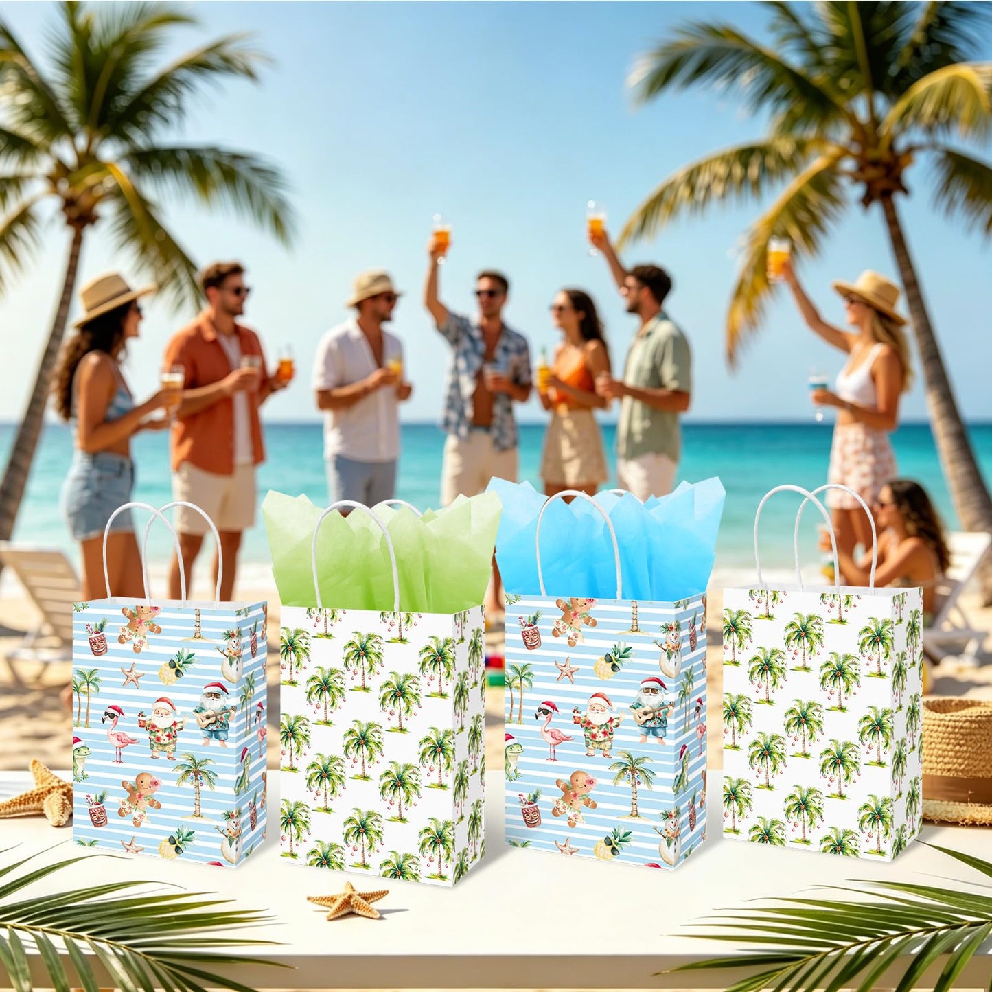 JarThenaAMCS 16 Pcs Summer Christmas Paper Gift Bag Watercolor Xmas in July Coconut Tree Santa Claus Treat Bags with Handles Tissue Paper Tropical Candy Goodie Bags for Holiday Party Favors Supplies