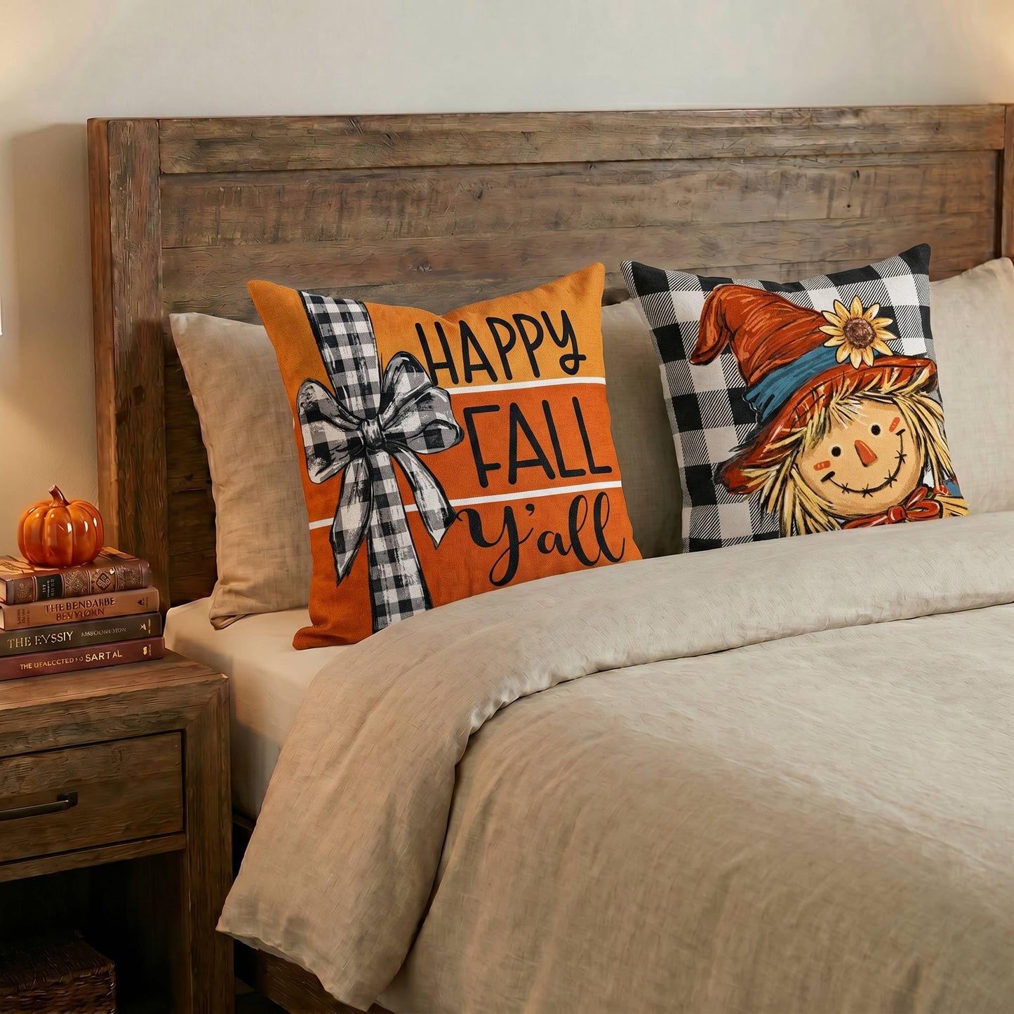 GEEORY Fall Buffalo Plaid Pumpkin Scarecrow Pillow Covers 18x18 Set 4