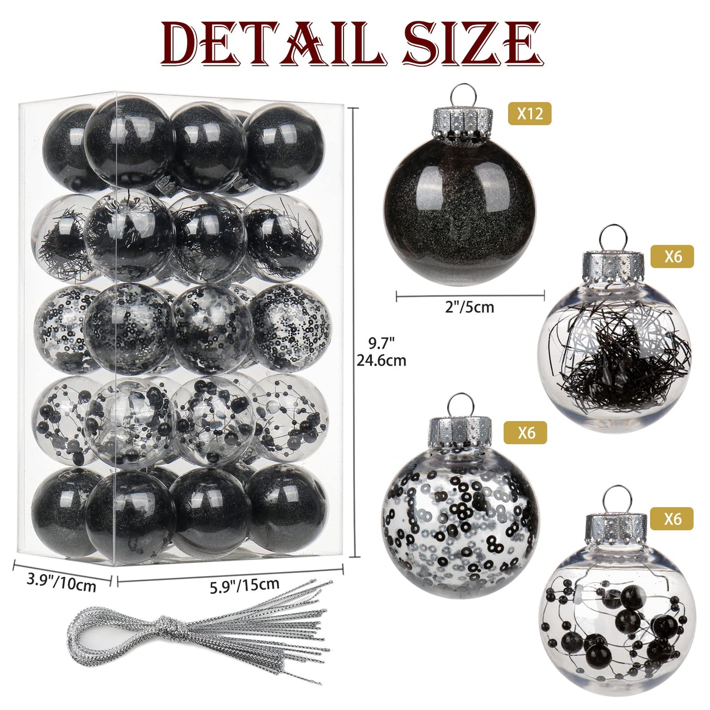 Briful 30PCS Shatterproof 2'' Halloween Tree Balls Set - Black & Clear Decorative Hanging Ornaments for Xmas Tree & Party Decoration