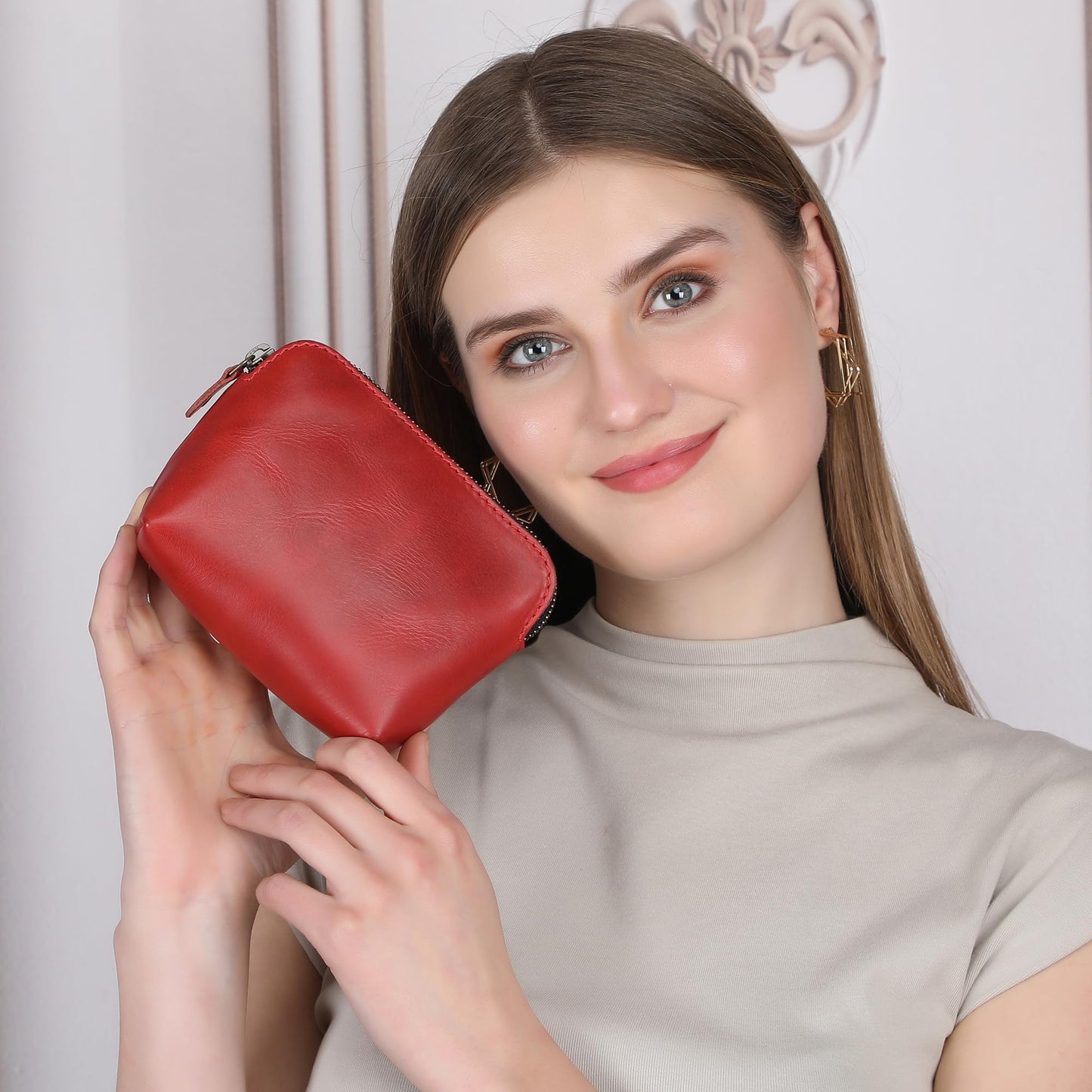 TheAntiq Full Grain Leather Cosmetic Bag – Zippered Makeup Pouch for Women, Small Travel Toiletry & Organizer Pouch for Purse, Premium Handmade Leather (5 × 4 × 2.5 in)