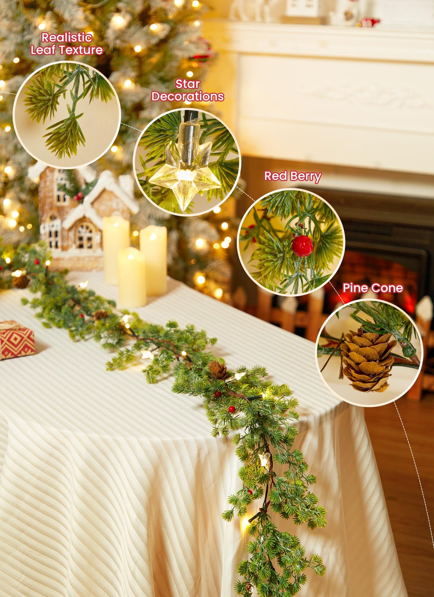 Brightown Christmas Garland with Lights, Battery Operated, 6 Ft 20 LED Lighted Pine Leaves Garland Decorated with Pine Cones, Berry, Indoor & Outdoor Christmas Lights for Mantle Stairs Wall, 2 Pack