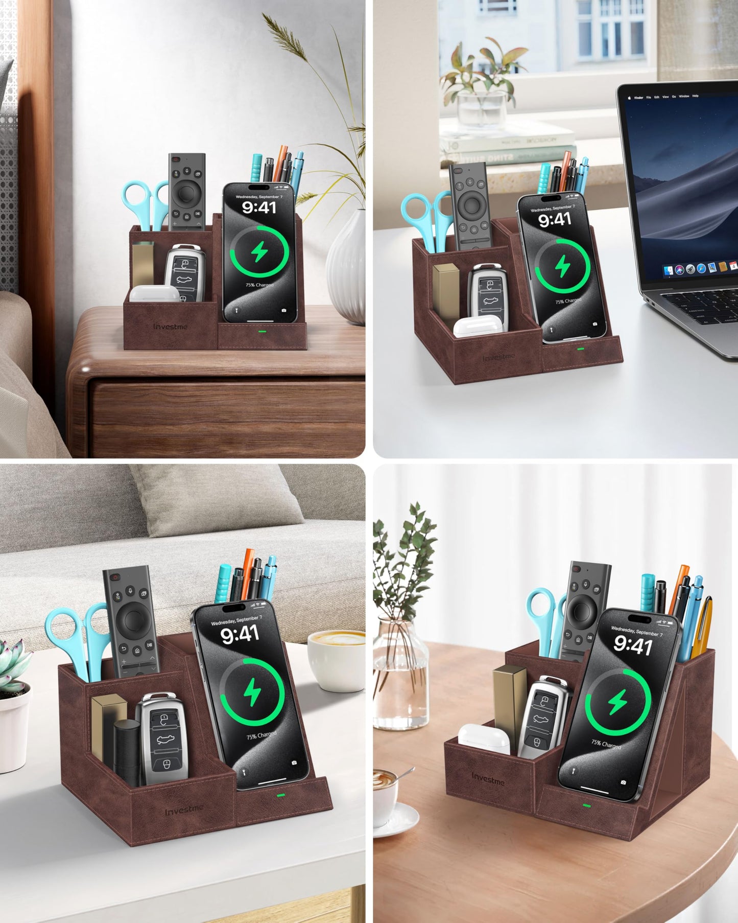 Investme Wireless Charger with Desk Organizer, Pen Pencil Holder, Multifunctional Desktop Organizer, Office Supplies and Desk Accessories Organizer with 3 Compartments and 1 Phone Stand, Dark Brown
