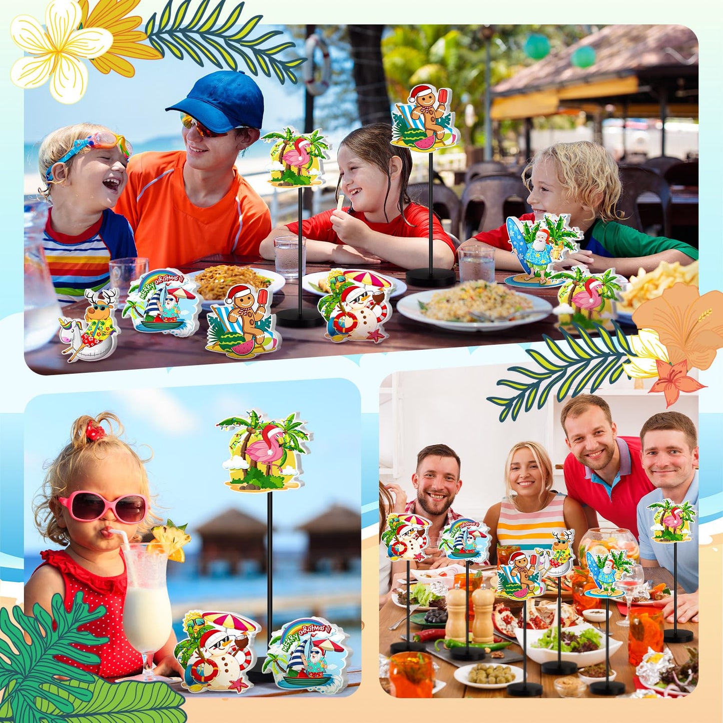 DoubleFill 6 Pcs Christmas Table Decor Standing Signs Hawaii Decoration for Table Centerpieces Wooden Sign Santa Flamingo Palm Tree Beach Party Tabletop Decor for Home Office Room Desk