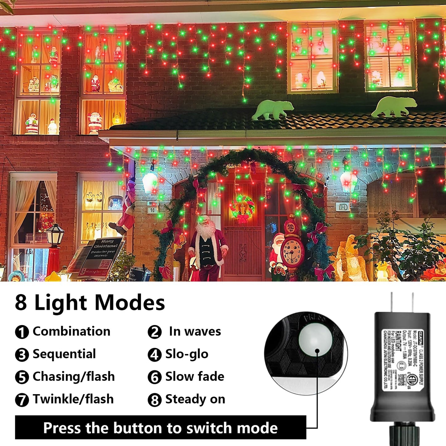 QITONG Red and Green Icicle Lights for Outside, 33ft 400 LED String Lights Indoor with 8 Modes, Clear Wire Connectable Icicle Christmas Lights Plug in