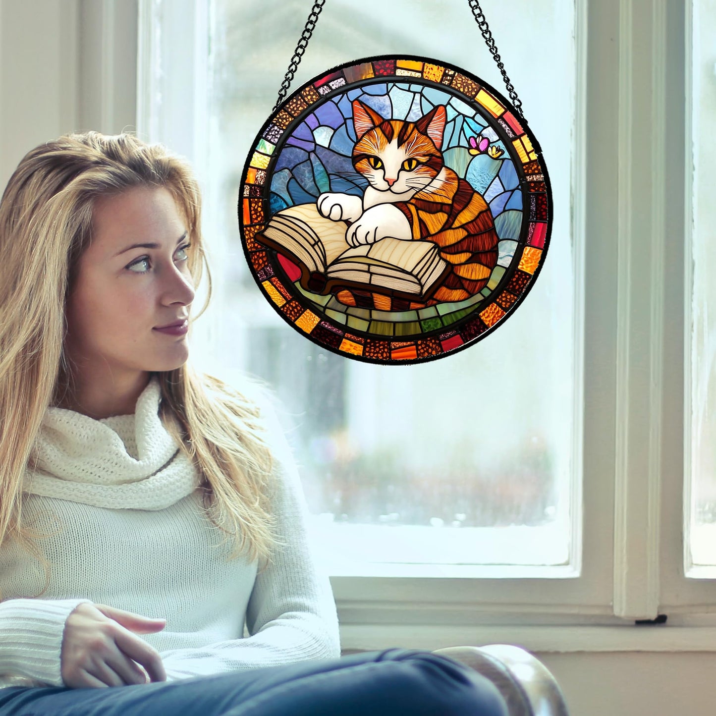 DASTOLL Stained Glass Window Hanging Little Cat Reading 7.8" - Suncatcher Door Garden Kitchen Sunroom Sun Catcher Home Decor Birthday for Lost Pets Mom Grandma Men Woman Friend