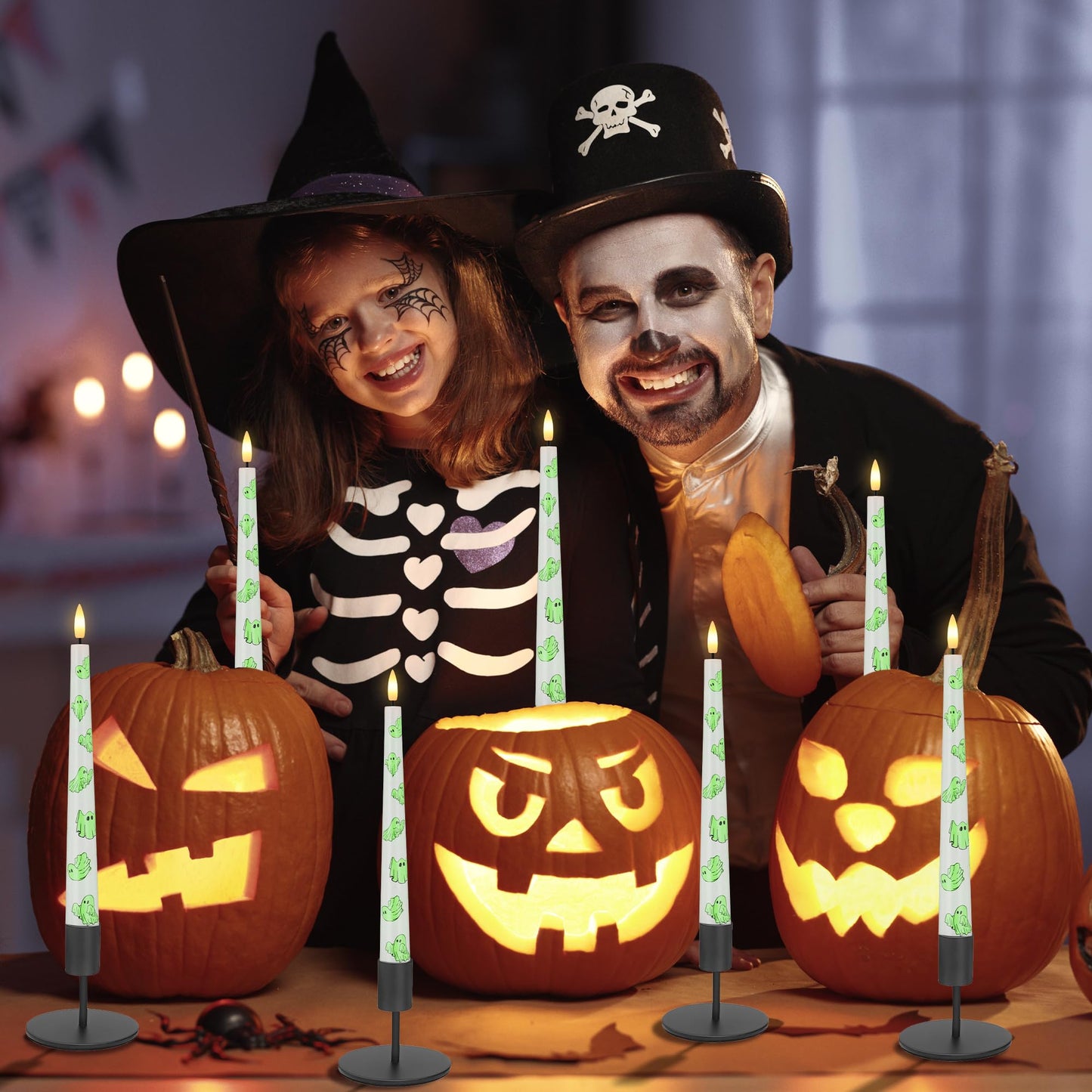 AFINETH Halloween Flameless Taper Candles with Ghosts Glow in The Dark, Real Wax Battery Operated Candles with Remote, 3 Pack Flickering Halloween Led Candlesticks for Party Home Decor
