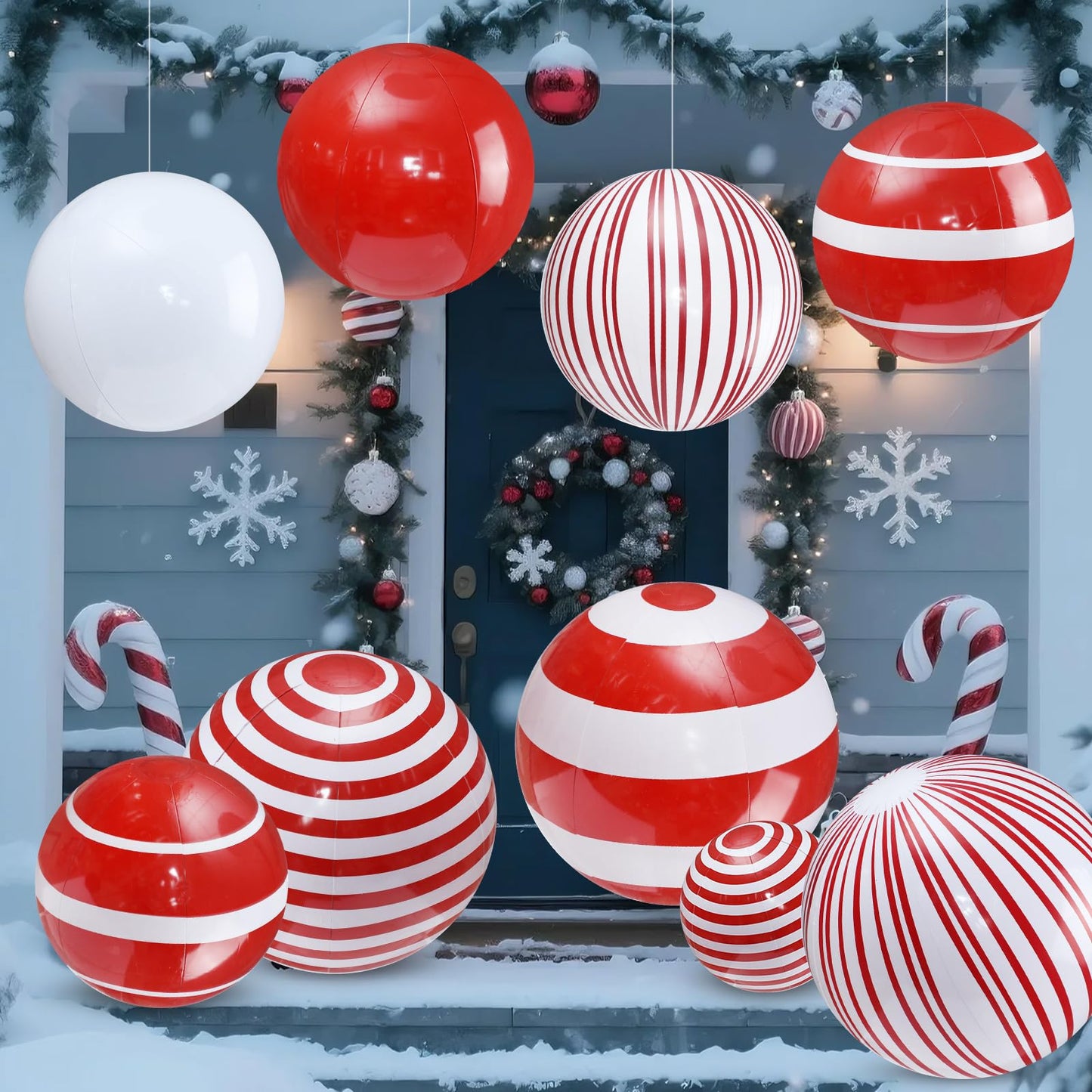 Jetec 12 Pcs 24 Inch 16 Inch Giant Inflatable Christmas Balls Ornaments Large PVC Inflatable Ball Decorations for Xmas Tree Holiday Yard Lawn Porch Outdoor (Red and White,Candy Cane)
