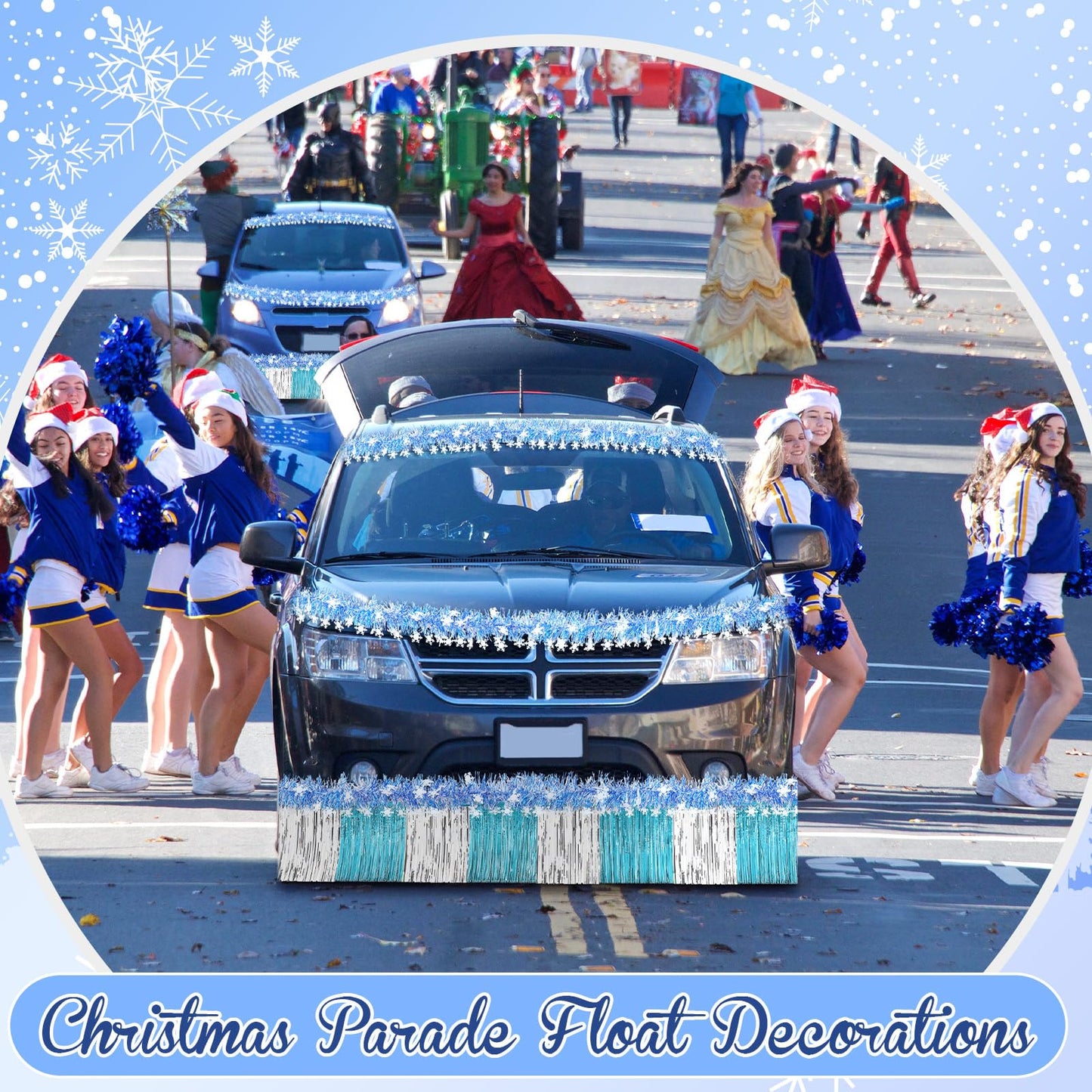 Crowye Christmas Parade Float Decorations Kit Included 9.85 feet Metallic Foil Fringe Curtains 9.85 ft Tinsel Garlands for Christmas Trailer Party Holiday(Blue, Silver,157.48 ft,Snowflake)