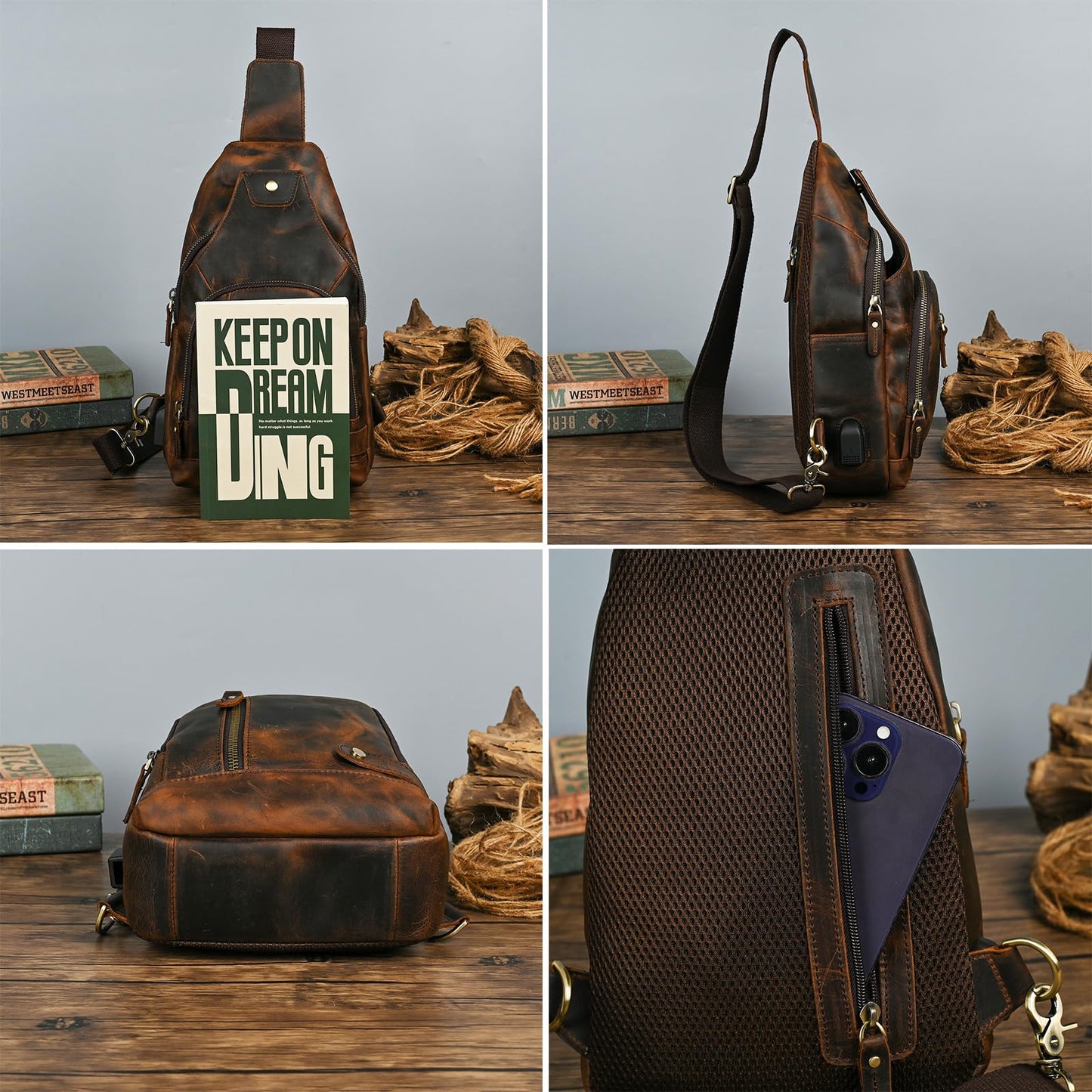 Handadsume Thick Crazy horse Leather Triangle Crossbody Sling Chest Bag Travel One Shoulder Bag Daypack For Men Male 3028 (8066 brown)