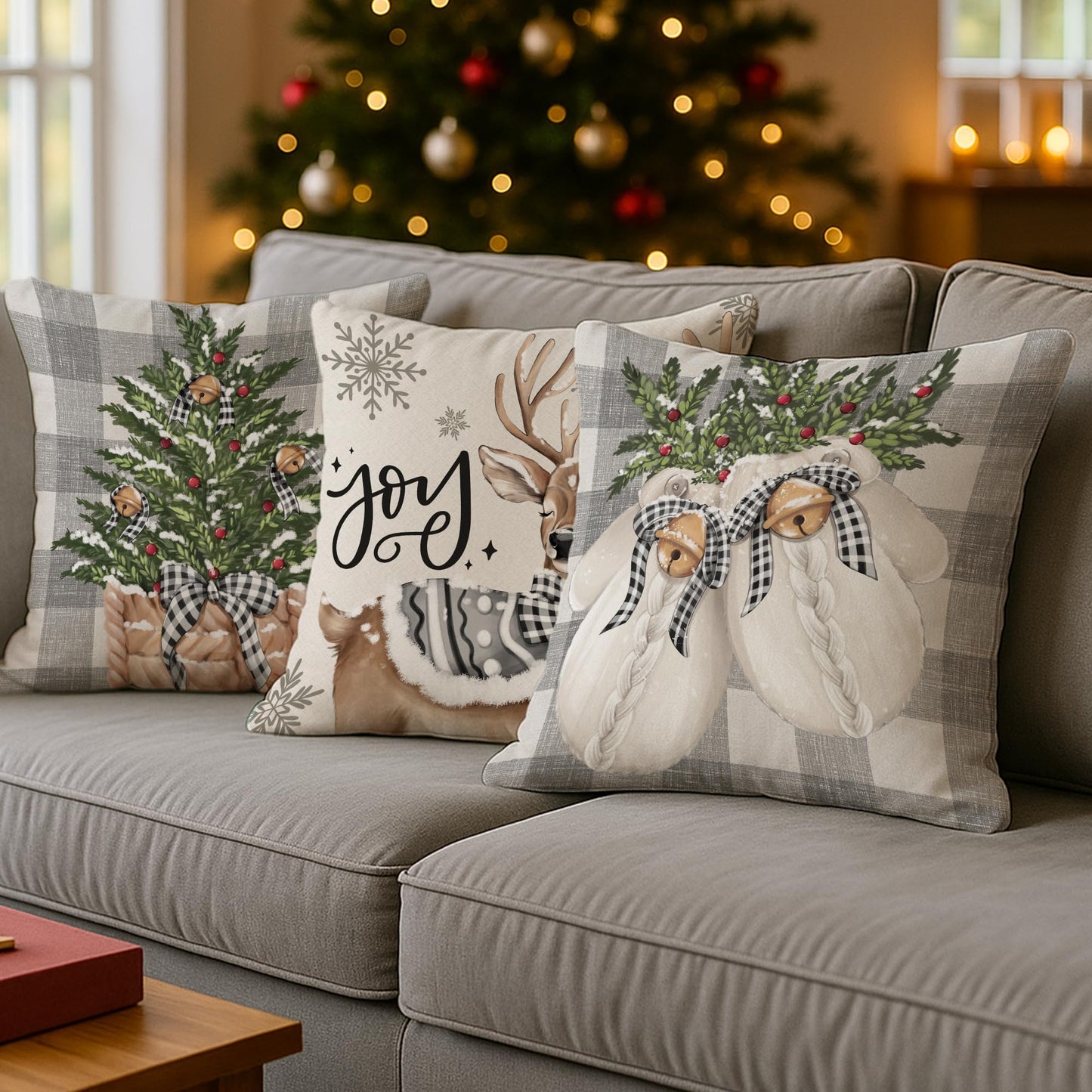 BoopZilla Set of 4 Christmas Pillow Covers, Winter Holiday Decorative Throw Pillow Covers, Cute Snowman-Reindeer-Mittens-Eucalyptus Design, Cozy Christmas Decor for Sofa Couch (18" x 18" (Pack of 4))
