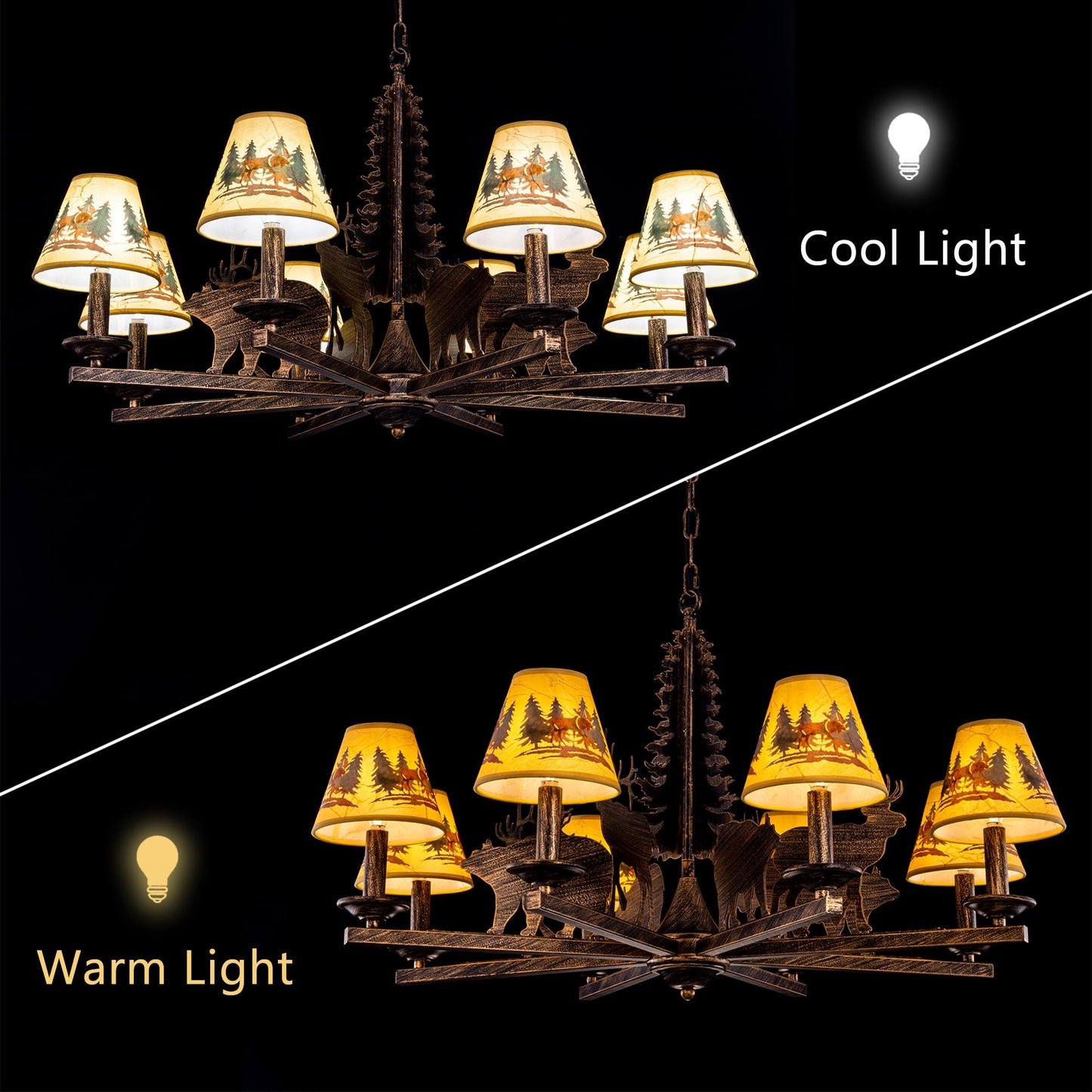 TOCHIC 8-Light Western Chandelier for Dining Room, Farmhouse Chandelier with Lampshade, Rustic Bronze Christmas Tree Bear Wildlife Light Fixture for Living Room Bedroom Kitchen Foyer Cabin, 35.5" D