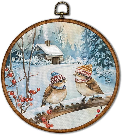 KSDUT Vintage Winter Wall Decor Art - Snowy Birds Wall Art Canvas Frame Hanging Prints, Retro Xmas Forest Woodland Wild Animal Round Wall Art Decor for Home Farmhouse Decorations 10"x10"