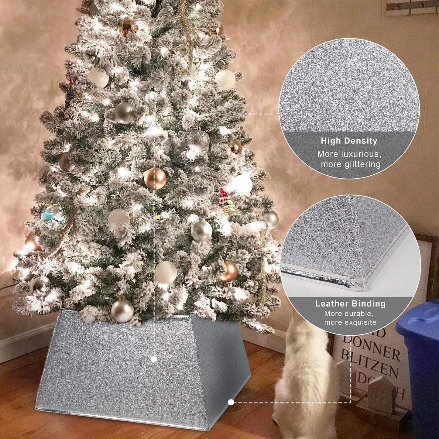 Blissun Fabric Christmas Collar, Square Christmas Ring, Glittering Willow Skirt for Tree Decorations (Glitter Silver)