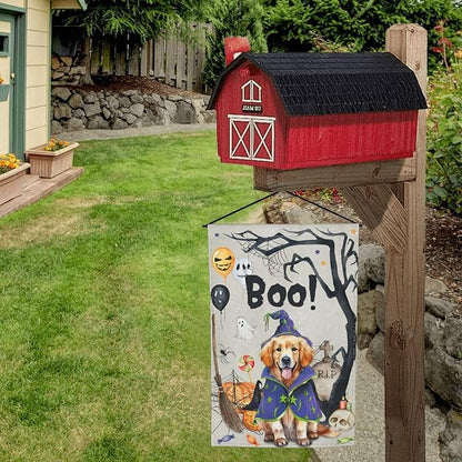 Golden Retriever Dog Halloween Boo Pumpkin Garden Flag Welcome Party Outdoor Outside Decorations Picks Home House Garden Yard Decor 12x18 Inch