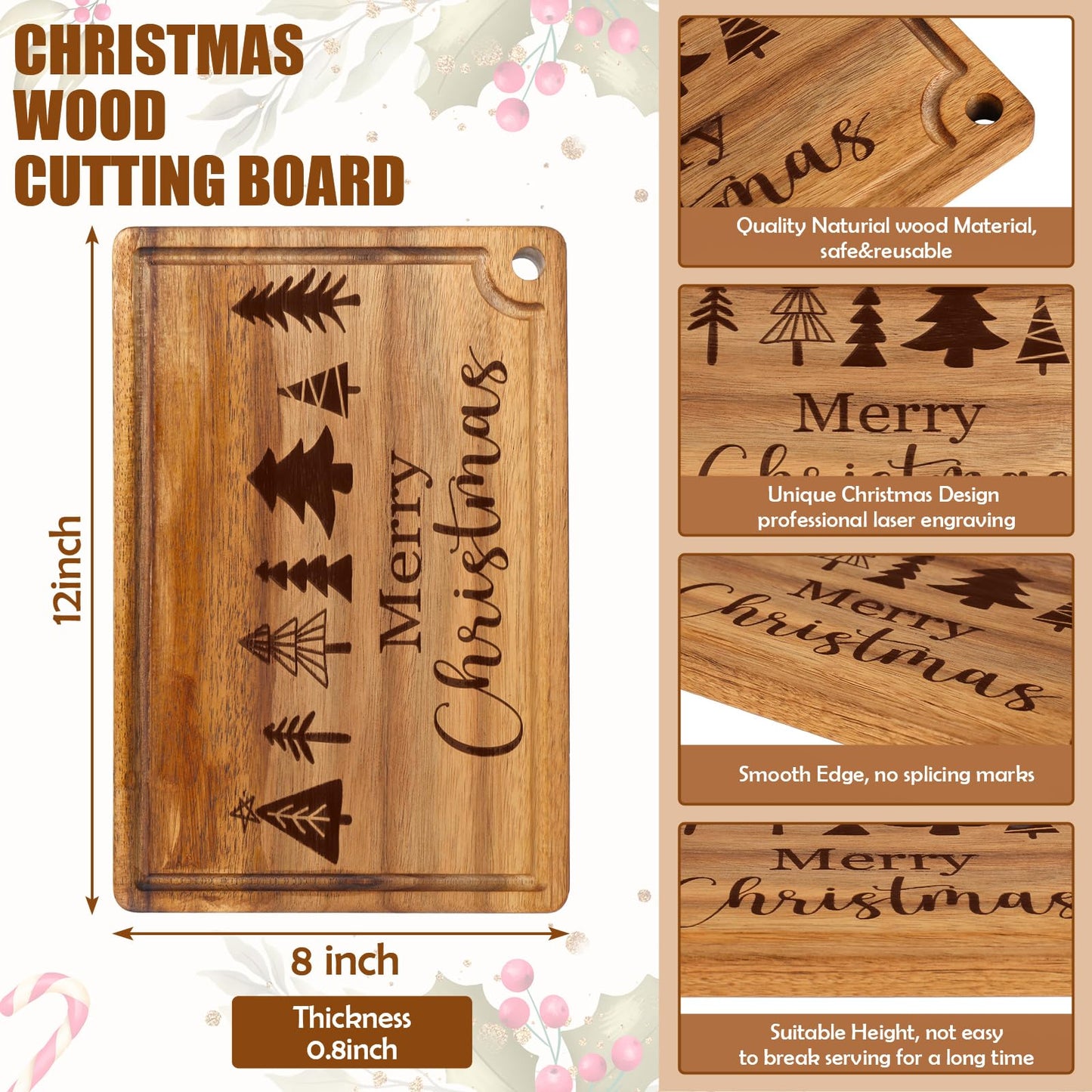 JarThenaAMCS Merry Christmas Wood Cutting Board Xmas Tree Kitchen Chopping Charcuterie Board Serving Platter Tray Dessert Candy Dish for Winter Home Party Gift Decor